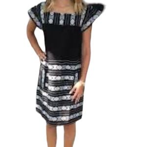 SISTER MARY embroidered tribal shift square neck dress ruffle cap sleeve NWT